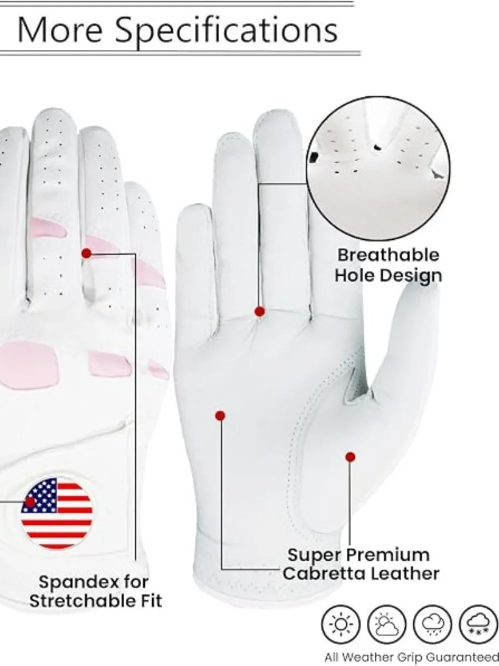 Amy Sport Women's White & Pink Leather Left Handed Golf Gloves Ball Marker 2pk-S